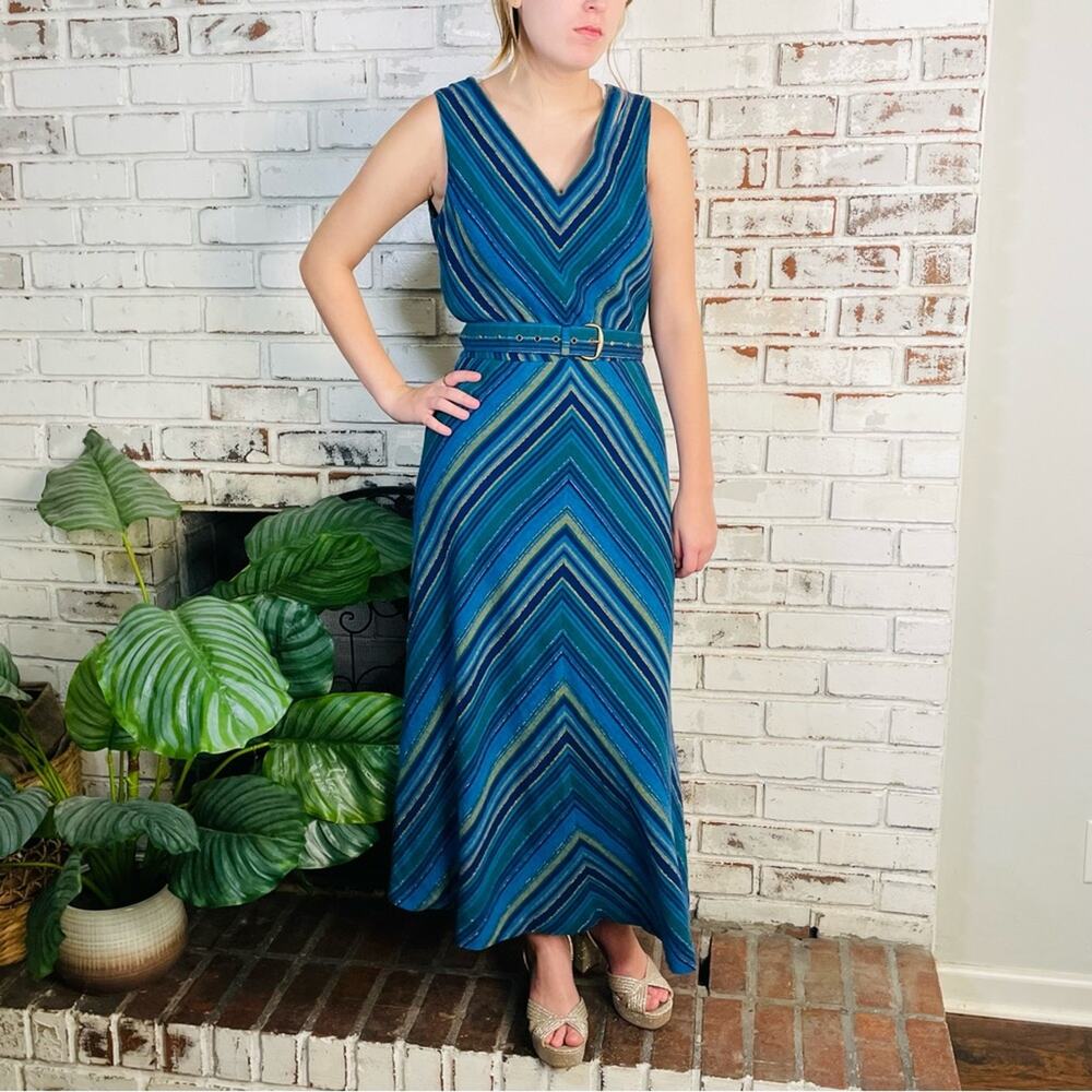 Vintage 90s Positive Attitude Linen Blend Green Blue Gold Stripe Sleeveless Maxi